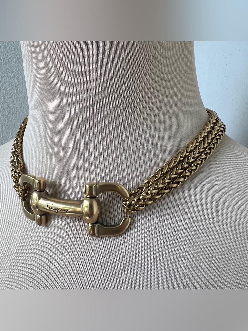 Ferragamo Necklace | Vintage Golden Gancini Horsebit & 15-16” Spiga Choker - Picture 4 of 12
